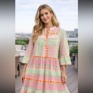 Anthropologie Luisa Perla tiered bell sleeve boho print dress $240 L nwot spring